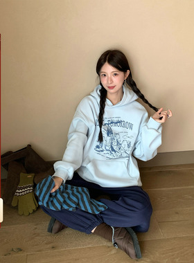 CCKOK韩系通勤穿搭 冬季古着vintage印花连帽加绒保暖卫衣女