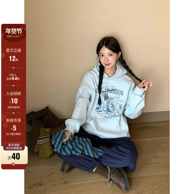 CCKOK韩系通勤穿搭 冬季古着vintage印花连帽加绒保暖卫衣女