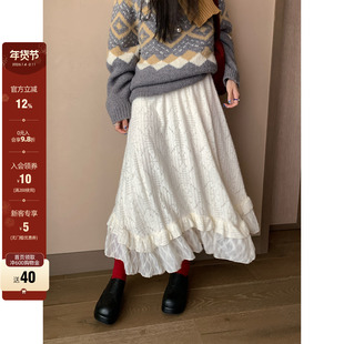 CCKOK 韩系通勤穿搭温柔风短绒花纹闪丝不规则白色蛋糕半身裙女