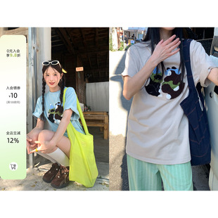 CCKOK 毛巾绣黑猫宽松短袖2026春夏新款100%棉减龄设计重工T恤女