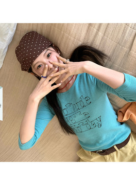 【现货】CCKOK 韩系穿搭简约休闲字母印花湖绿色华夫格7分袖T恤女