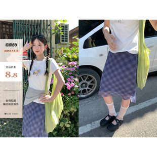 CCKOK 小众包臀设计格子半身裙 透感网纱紫色格纹中裙2026春夏新款