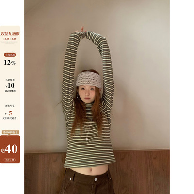 CCKOK条纹半高领德绒打底衫