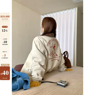 复古刺绣米杏色翻领内羔毛外套女 韩系通勤气质保暖美式 CCKOK 冬季