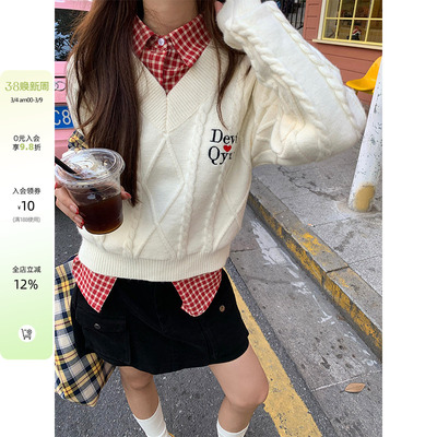 【现货】CCKOK V领菱形麻花毛衣秋季字母爱心设计针织套头上衣女