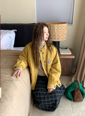 CCKOK 冬季韩系通勤穿搭粉黄色小狗刺绣100%棉内里保暖羔毛外套女