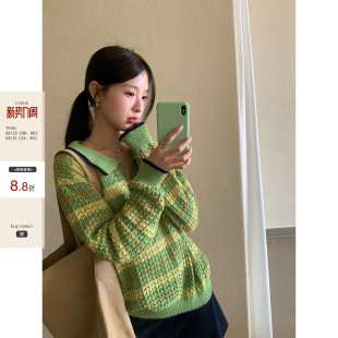 CCKOK2026新品 上衣女 早春韩系通勤穿搭撞色条纹翻领镂空针织衫
