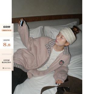 拼格纹毛呢棒球服休闲外套秋季 现货 CCKOK 复古运动夹克女 美式