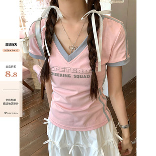 运动风V领拼色修身 CCKOK 现货 女 字母短款 显瘦球衣短袖 T恤夏季