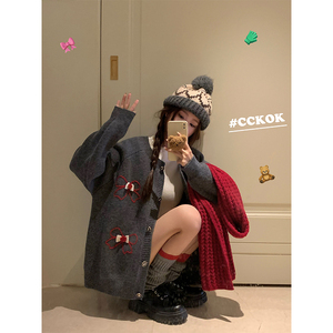 CCKOK 氛围感立体蝴蝶结刺绣毛衣开衫2023冬季新款小众设计外套女