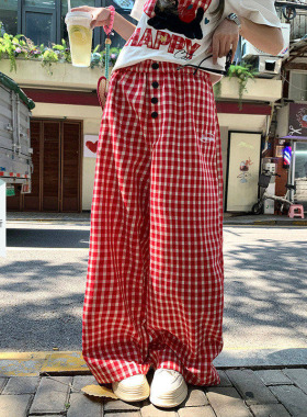 CCKOK 红色格纹阔腿休闲裤2025夏季新款宽松显瘦美式直筒格子裤女