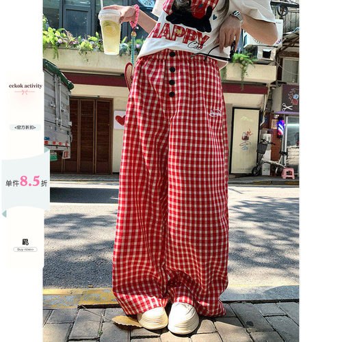 CCKOK红色格纹阔腿休闲裤