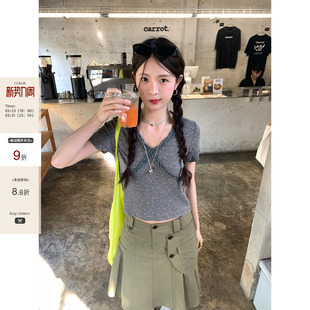 法式 CCKOK 新款 2026夏季 复古舒适休闲T恤女 立体花边灰色碎花短袖