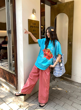 CCKOK 西红柿印花宽松湖蓝色T恤2026夏季新款美式宽松显瘦短袖女