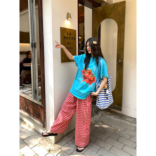 CCKOK西红柿印花宽松湖蓝色T恤