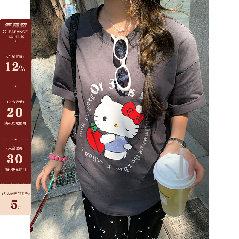 【现货】小苹果猫咪闪粉字母印花宽松T恤夏季新款港风减龄短袖女