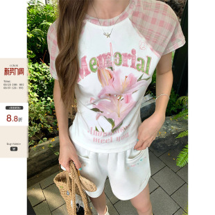 T恤夏季 印花字母贴布绣拼透感格纹袖 CCKOK 少女白色短袖 现货