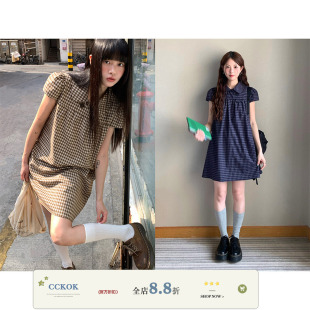 【现货】CCKOK 学院风格纹娃娃领泡泡短袖连衣裙夏季宽松格子短裙