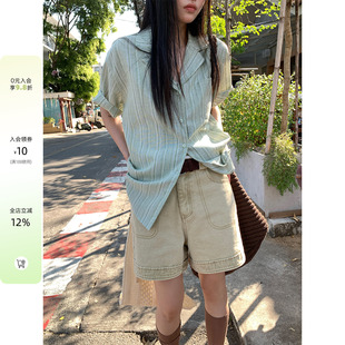 CCKOK 日系竖条纹休闲短袖衬衫2026春夏新款宽松西装领衬衣外套女