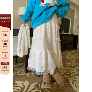 CCKOK a字不规则小众半身裙女 蕾丝毛绒感半身蛋糕中长裙2025春季