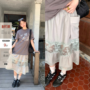 小众拼接透视半身裙女 新款 CCKOK 米灰色蕾丝醋酸亚麻中裙2026夏季