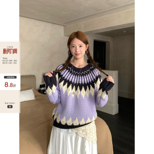 秋冬通勤少女重工厚实紫黑费尔岛提花毛衣女上衣 CCKOK 现货