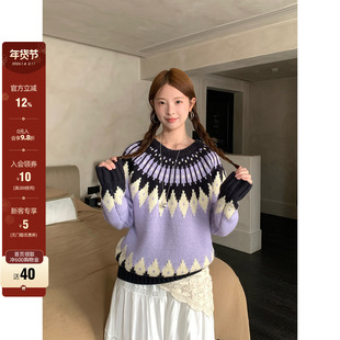 CCKOK 秋冬韩国通勤少女 重工厚实紫黑费尔岛提花毛衣女上衣