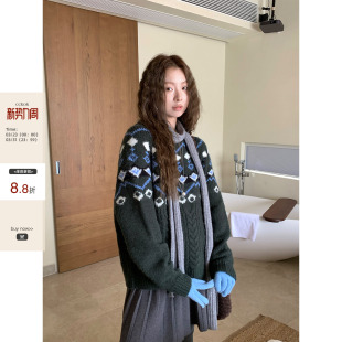 韩系通勤 冬季 保暖复古菱形费尔岛18%羊毛绿灰色毛衣女 现货