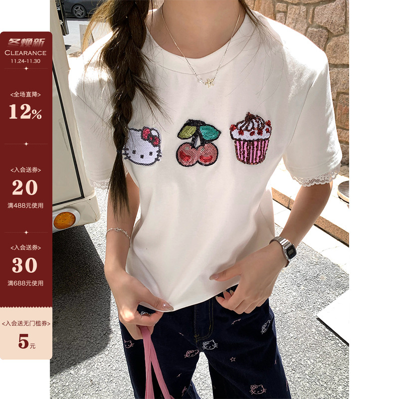 【现货】CCKOK 闪片樱桃KT拼蕾丝正肩T恤夏季减龄卡通设计短袖女