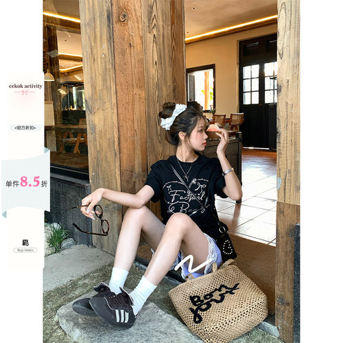CCKOK 烫钻爱心字母宽松T恤夏季气质休闲设计小众短袖女
