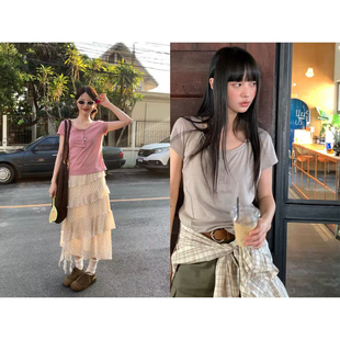 新款 休闲舒适T恤女 2026夏季 CCKOK松弛慵懒感亚麻纯色大领口短袖