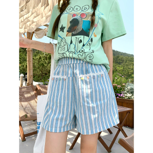 直筒高腰五分裤 手缝彩色纽扣蓝白条纹休闲短裤 CCKOK 女夏 现货