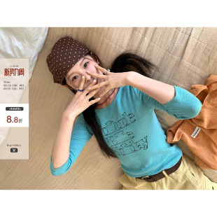 韩系穿搭简约休闲字母印花湖绿色华夫格7分袖 CCKOK T恤女 现货