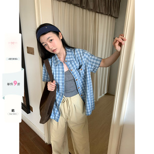 CCKOK 洗水格纹牛仔衬衫2026夏季新款日系复古格子短袖衬衣外套女