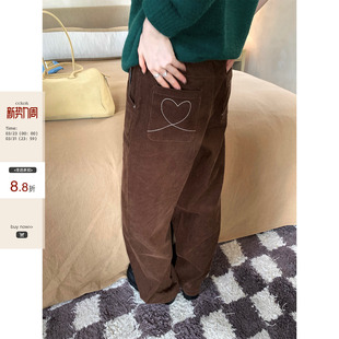 现货 直筒休闲裤 CCKOK 2026春季 女 洗水灯芯绒爱心刺绣休闲裤