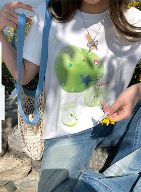 CCKOK fresh绿苹果立体钻正肩T恤夏季减龄港风白色短袖女