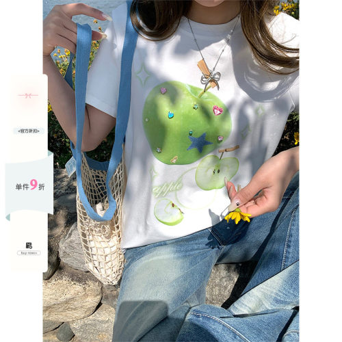 CCKOK fresh绿苹果立体钻正肩T恤夏季减龄港风白色短袖女