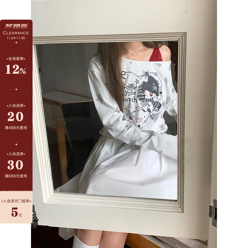 满印星星印花假两件长袖漏斜肩