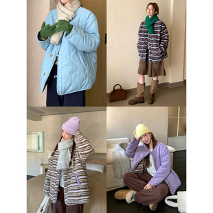 CCKOK 冬季韩系气质保暖双面穿拼条纹绒毛圆领棉服女外套