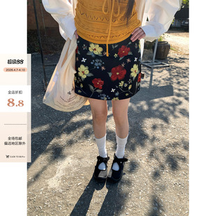 法式 复古设计a字黑色半身裙 新款 CCKOK彩色花花中低腰短裙2026夏季