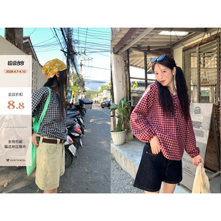 CCKOK 上衣2026春夏新款 宽松减龄格子套头衫 女 肌理感格纹绑带长袖