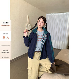 CCKOK 早春韩系通勤穿搭休闲藏蓝拼绿条运动风外套女 2026新品