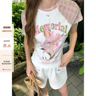 印花字母贴布绣拼透感格纹袖 现货 CCKOK 少女白色短袖 T恤夏季