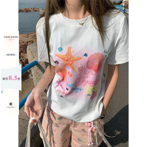 【现货】CCKOK 海底世界晕染印花手缝钻正肩T恤夏季少女减龄短袖