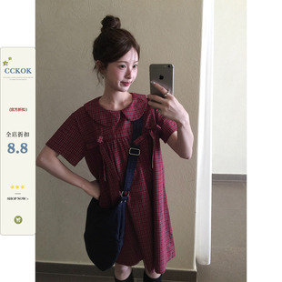 【现货】CCKOK 日系蝴蝶结格纹短袖连衣裙夏季复古休闲格子短裙