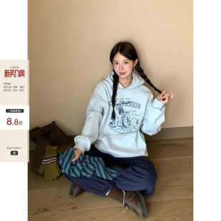 CCKOK韩系通勤穿搭 古着vintage印花连帽加绒保暖卫衣女 冬季