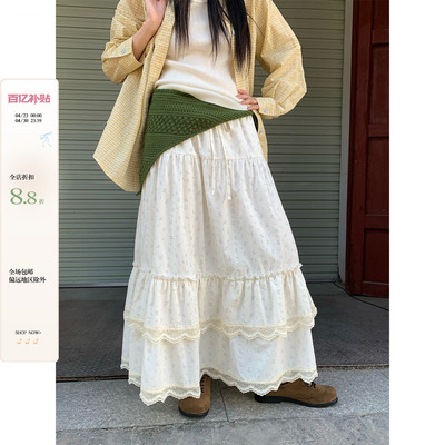 【现货】早春韩系温柔淑女气质清新小碎花拼蕾丝半身蛋糕长裙女