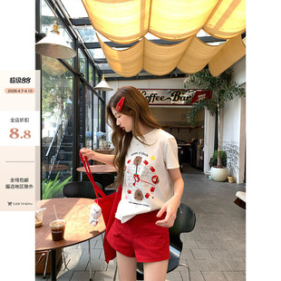 减龄设计小众短袖 女 卡通小猫时钟印花正肩T恤夏季 CCKOK