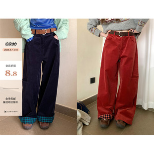 韩系穿搭气质通勤 CCKOK 冬季 新品 女 格纹拼接灯芯绒阔腿长裤