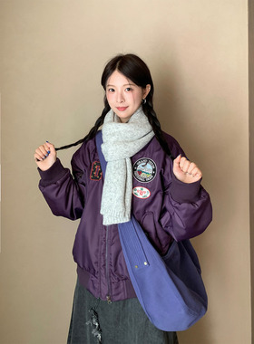 【现货】CCKOK冬季保暖徽章图标刺绣紫夹棉棒球服飞行夹克外套